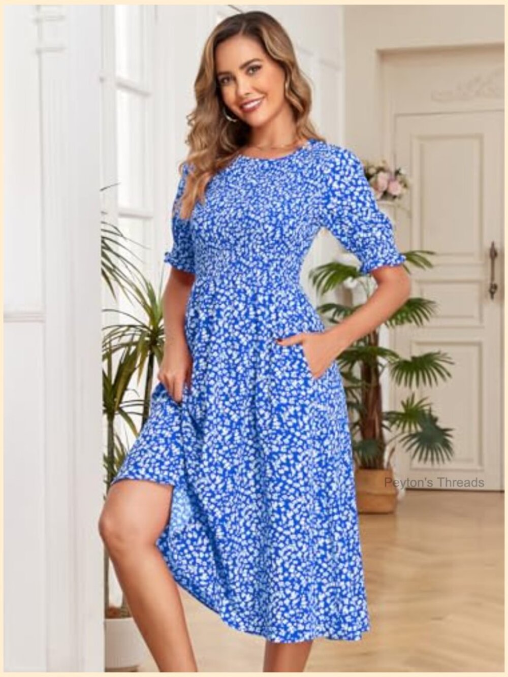 Casual Floral Midi Dress with Pockets Smocked Puff Sleeve - Picture 5 of 7